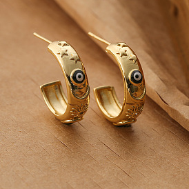 18K Gold Plated Devil Eye C-shaped Earrings for Women, Unique and Trendy.