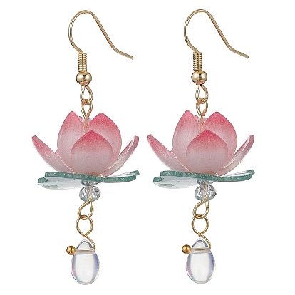 3D Lotus Plastic Dangle Earrings, Real 18K Gold Plated Brass Tassel Earrings with Glass Beaded