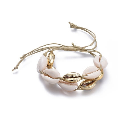 Adjustable Waxed Cotton Cord Braided Bead Bracelets Sets, with Electroplated Cowrie Shell Beads and Natural Cowrie Shell Beads, White