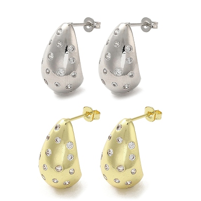 Brass with Cubic Zirconia Stud Earrings, Teardrop, Lead Free & Cadmium Free, Long-Lasting Plated