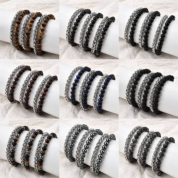 Многорядные браслеты из круглых бусин из натуральных драгоценных камней, браслеты из нержавеющей стали с кубинскими звеньями для мужчин и женщин