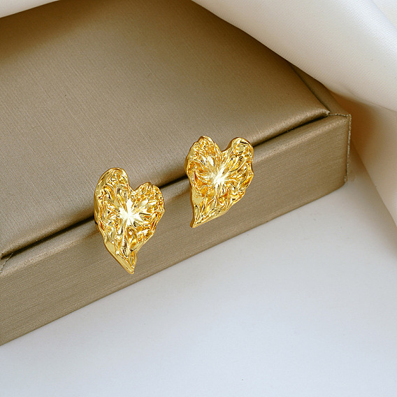 Brass Stud Earrings, Texture Irregular Heart