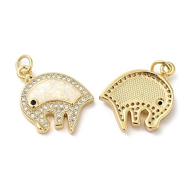 Rack Plating Brass Micro Pave Clear Cubic Zirconia Pendants, with Resin Imitation Opal, Cadmium Free & Lead Free, Long-Lasting Plated, Elephant Charms