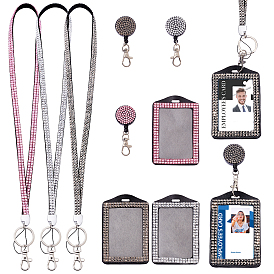 CHGCRAFT 3Pcs 3 Colors Rectangle PU Leather ID Card Badge Holder, with Rhinestone, Lanyard & Clip