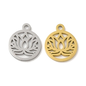 304 Stainless Steel Charms, Laser Cut, Flat Round with Lotus Charm