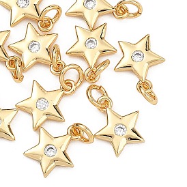 SHEGRACE Brass Micro Pave Clear Cubic Zirconia Charms, Cadmium Free & Nickel Free & Lead Free, Star Charms