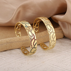 Stunning Geometric Pattern Copper Bangle with Zirconia Accents - Long-Lasting Gold Plated Bracelet