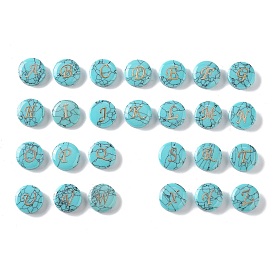 Synthetic Turquoise Beads, with Golden Tone Brass Slices, Flat Round with Letter