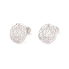 304 Stainless Steel Studs Earrings, Round with Floral Pattern, for Women
