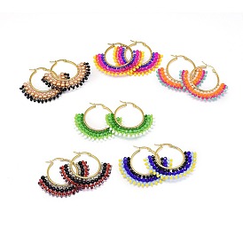 304 Stainless Steel Hoop Earrings, Beaded Hoop Earrings, with Glass Beads, Fan