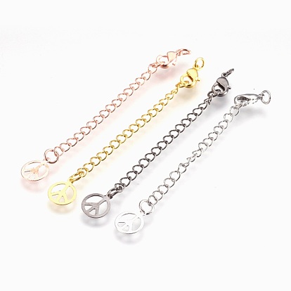 Brass Chain Extender, with Lobster Claw Clasps, Cadmium Free & Nickel Free & Lead Free, Long-Lasting Plated, Peace Sign