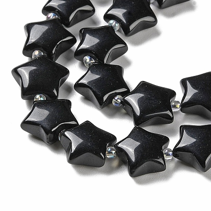 Natural Black Obsidian Beads Strands, with Seed Beads, Puffed Star