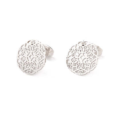 304 Stainless Steel Studs Earrings, Round with Floral Pattern, for Women