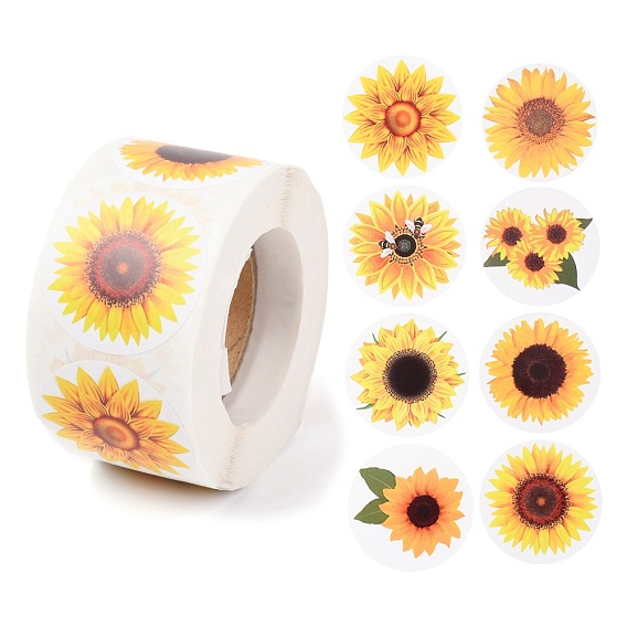 Sunflower Theme Paper Stickers, Self Adhesive Roll Sticker Labels, for Envelopes, Bubble Mailers and Bags, Flat Round