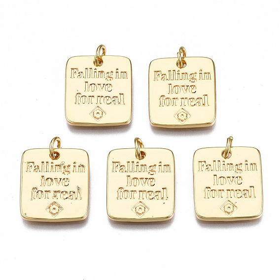 Messing Anhänger & Charms, mit Ringe springen, Nickel frei, Rechteck mit Wort verliebt sich in echt