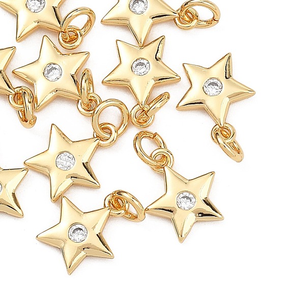 SHEGRACE Brass Micro Pave Clear Cubic Zirconia Charms, Cadmium Free & Nickel Free & Lead Free, Star Charms