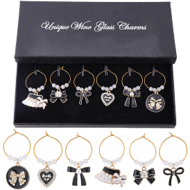 6 шт. 6 стили сплав эмалированный бант стеклянные бусины подвески для бокалов вина, с латунным кольцом-подвеской для бокала для вина, золотые