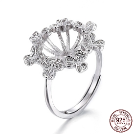 Adjustable 925 Sterling Silver Finger Design Ring Mounts Fittings with Pearl Seat, For Half Drilled Beads, with Cubic Zirconia, with 925 Stamp, Flower