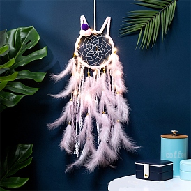 Rabbit Woven Web/Net with Feather Hanging Ornaments, Iron Ring for Home Living Room Wall Decoration