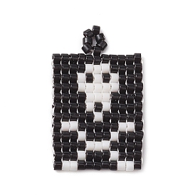 Glass Seed Bead Pendants, Rectangle with Skull Pattern