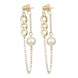 Brass Chains Tassel Earrings, Natural Pearl Beaded Dangle Stud Eearrings with 304 Stainless Steel Pins
