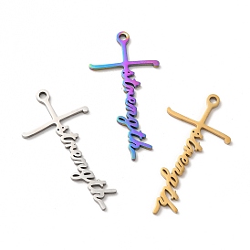 Ion Plating(IP) 304 Stainless Steel Pendants, Cross with Word Strength Charm