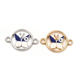 Alloy Enamel Connector Charms, Flat Round Links with Evil Eye Butterfly, Midnight Blue, Nickel