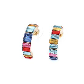 Geometric Colorful Rhinestone Earrings for Women, Minimalist C-shaped Alloy Studs