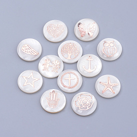 Cabochons de coquillages d'eau douce, avec les accessoires en fer, plat rond avec motif de forme mixte, or rose