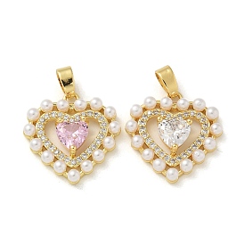 Brass Micro Pave Cubic Zirconia Pendants, with Plastic Imitation Pearl, Real 14K Gold Plated, Heart Charms