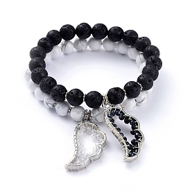 Stretch Bracelets Set, Stackable Bracelets, with Gemstone Beads, Electroplate Glass Beads and Alloy Wing Pendants