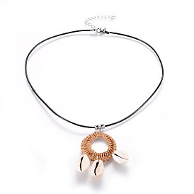 Cowrie Shell Pendant Necklaces, with Woven Linking Rings, 304 Stainless Steel Lobster Claw Clasps and Cowhide Leather Cord, Ring