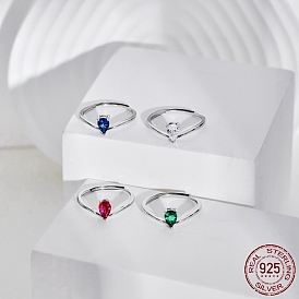 925 Sterling Silver Adjustable Rings, Birthstone Ring, with Cubic Zirconia Teardrop & 925 Stamp for Women, Real Platinum Plated