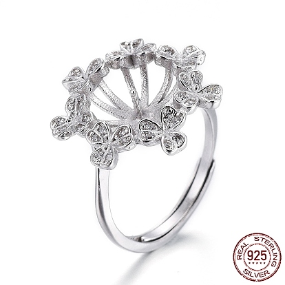 Adjustable 925 Sterling Silver Finger Design Ring Mounts Fittings with Pearl Seat, For Half Drilled Beads, with Cubic Zirconia, with 925 Stamp, Flower