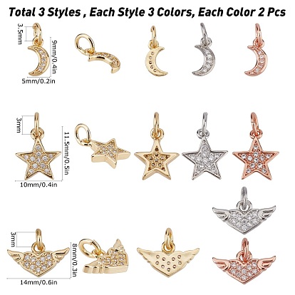 CREATCABIN 18Pcs 3 Style Brass Clear Micro Pave Cubic Zirconia Charms, Star & Moon & Heart with Wing
