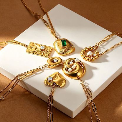 304 Halsketten mit Anhänger aus Edelstahl, besetzt mit Zirkonia und Imitationsperlen, echt 18 k vergoldet
