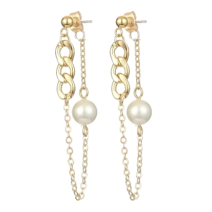 Brass Chains Tassel Earrings, Natural Pearl Beaded Dangle Stud Eearrings with 304 Stainless Steel Pins