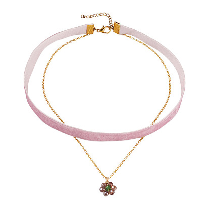 Подвеска-цветок из стеклянных бусин, односторонняя, средняя орхидея, бархатная лента и латунная цепочка, двухслойное колье-чокер