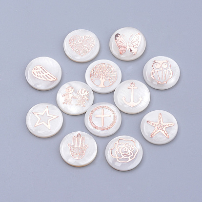 Cabochons de coquillages d'eau douce, avec les accessoires en fer, plat rond avec motif de forme mixte, or rose