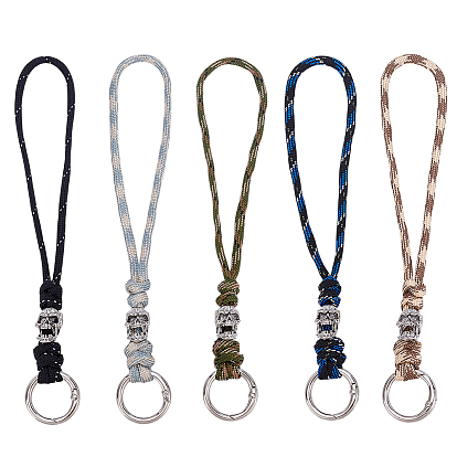 5pcs 5 couleurs alliage crâne 7 noyaux intérieurs polyester et spandex cordon cordes pendentif décorations, avec anneaux de ressort en alliage de zinc, couleurs mélangées