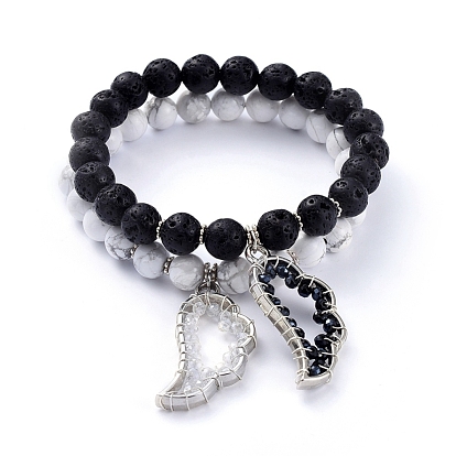 Stretch Bracelets Set, Stackable Bracelets, with Gemstone Beads, Electroplate Glass Beads and Alloy Wing Pendants