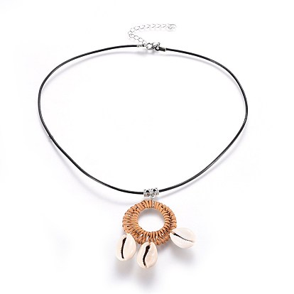 Cowrie Shell Pendant Necklaces, with Woven Linking Rings, 304 Stainless Steel Lobster Claw Clasps and Cowhide Leather Cord, Ring