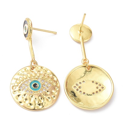 Brass Micro Pave Cubic Zirconia Stud Earrings, with Enamel, Flat Round with Evil Eye, Cadmium Free & Lead Free