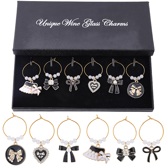 6 шт. 6 стили сплав эмалированный бант стеклянные бусины подвески для бокалов вина, с латунным кольцом-подвеской для бокала для вина, золотые