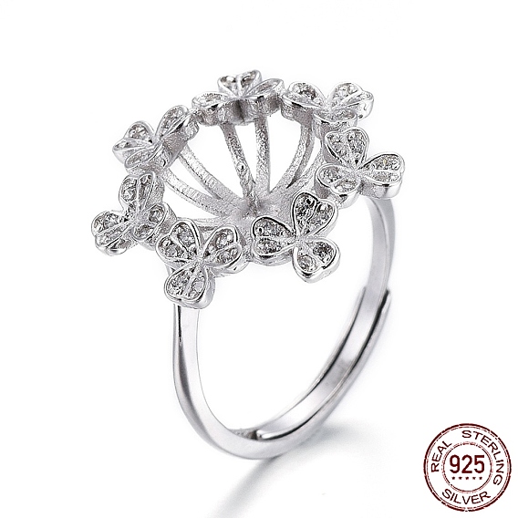 Adjustable 925 Sterling Silver Finger Design Ring Mounts Fittings with Pearl Seat, For Half Drilled Beads, with Cubic Zirconia, with 925 Stamp, Flower