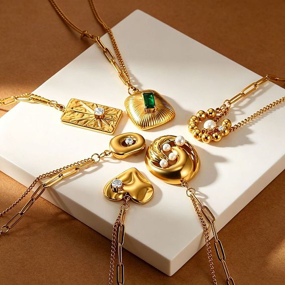 304 Stainless Steel Pave Cubic Zirconia & Imitation Pearl Pendant Necklaces, Real 18K Gold Plated