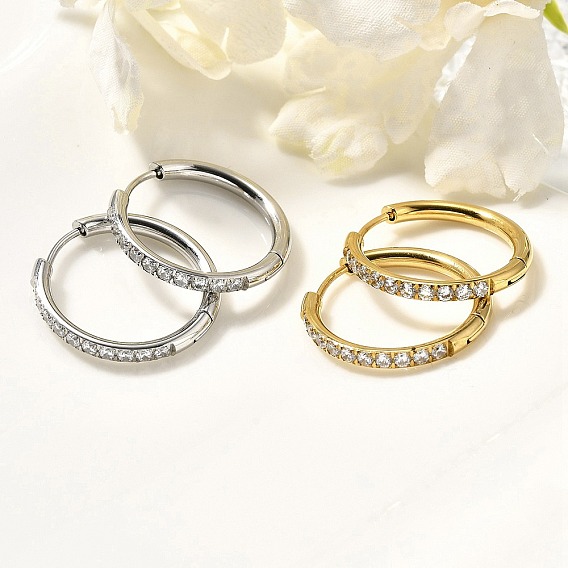 304 серьги-кольца из нержавеющей стали с микропаве и прозрачными циркониями, с 316 штифтов из нержавеющей стали, ионное покрытие (ip), кольцо