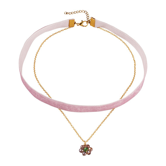 Подвеска-цветок из стеклянных бусин, односторонняя, средняя орхидея, бархатная лента и латунная цепочка, двухслойное колье-чокер