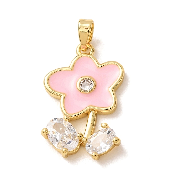 Brass Micro Pave Clear Cubic Zirconia Pendants, with Pink Enamel, Flower Charms