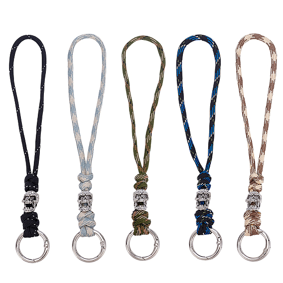 5pcs 5 couleurs alliage crâne 7 noyaux intérieurs polyester et spandex cordon cordes pendentif décorations, avec anneaux de ressort en alliage de zinc, couleurs mélangées